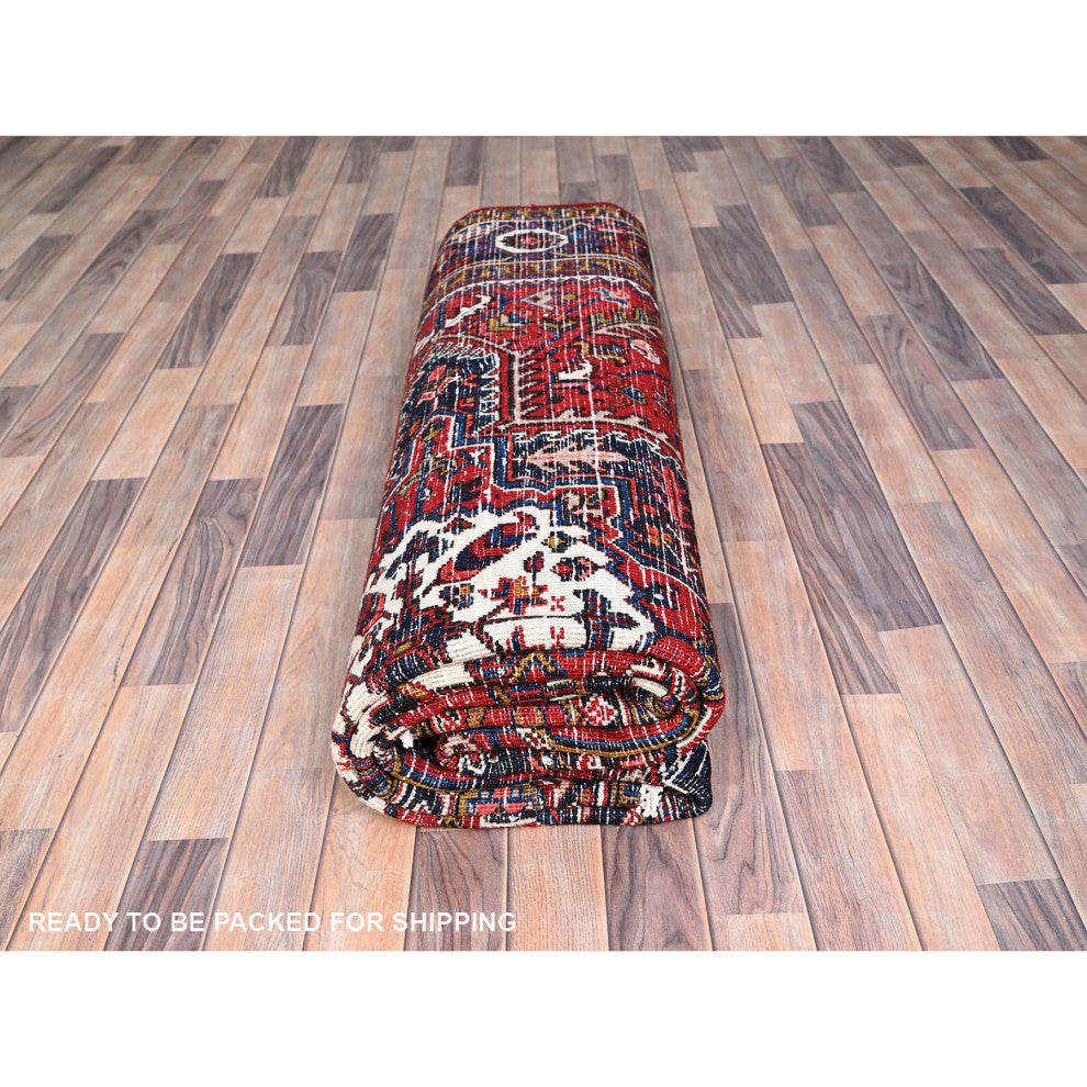 Tomato Red Pure Wool Hand Knotted Semi Antique Persian Heriz Rug 8'5"x10'9"