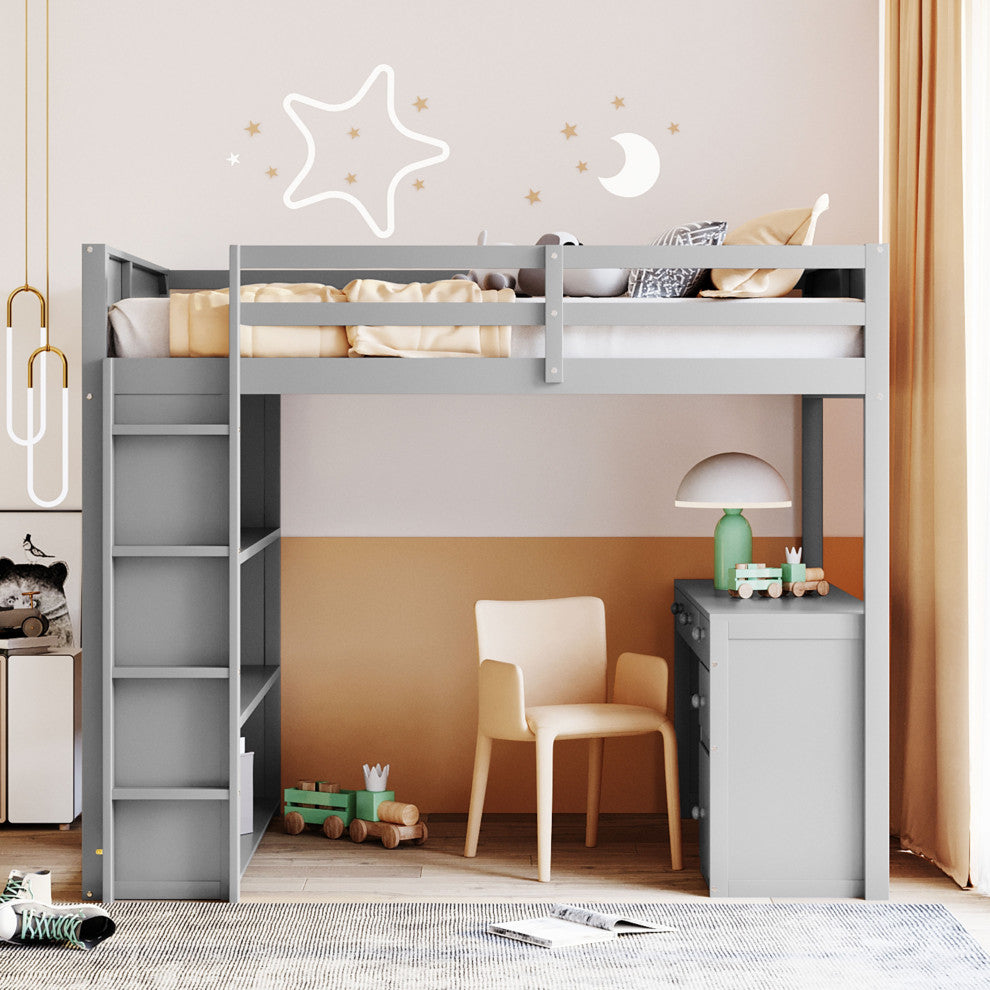 Gewnee Full Size Wood Loft Bed with Ladder,Shelves and Desk in Gray
