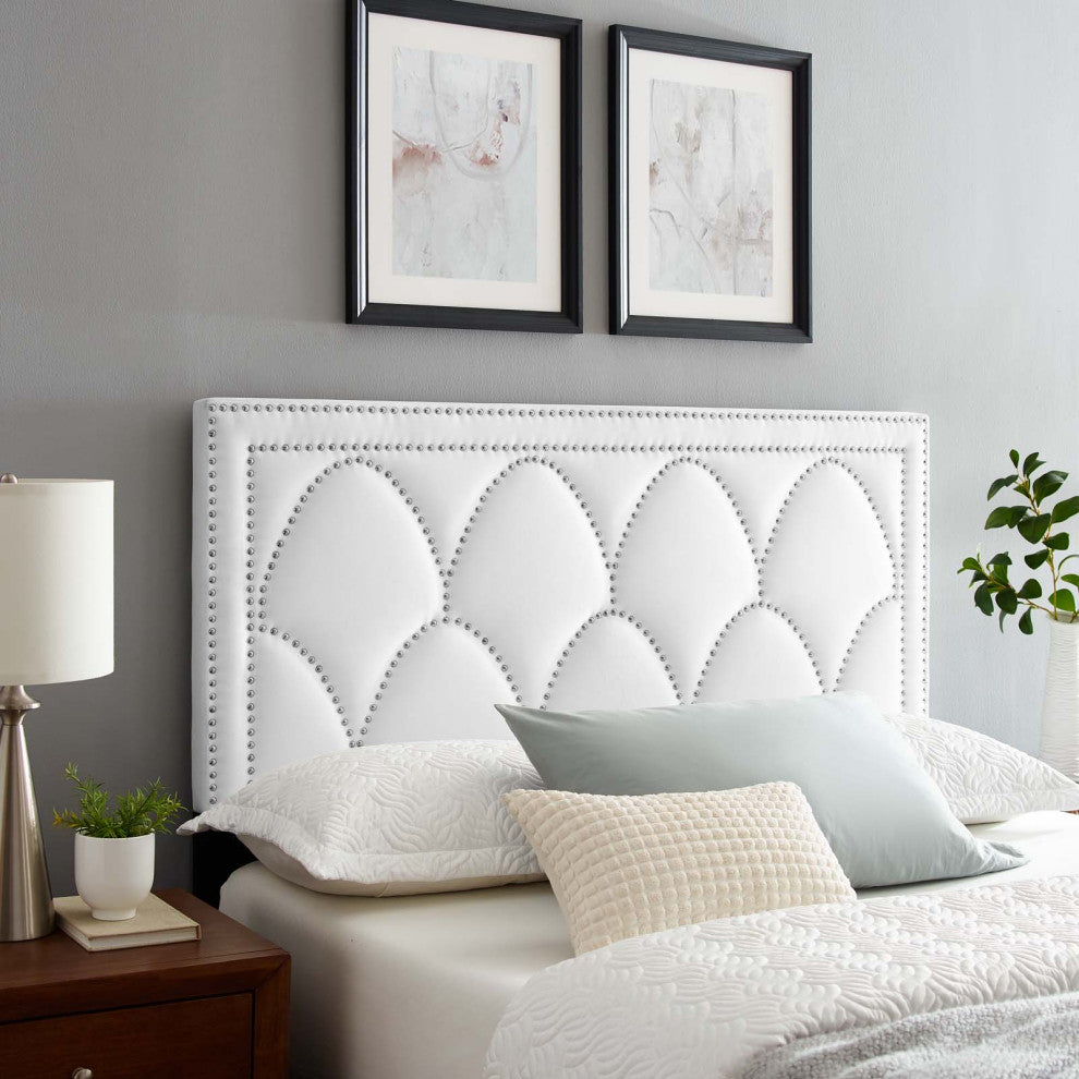 Headboard, Nailhead, Twin Size, White, Velvet, Modern, Bedroom Guest Suite