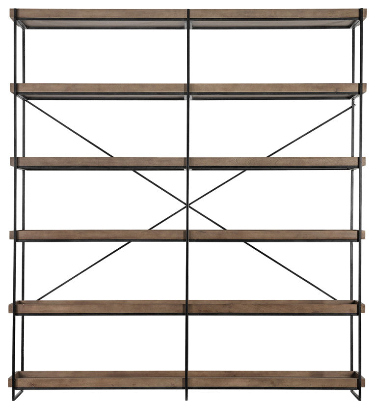 88" Black And Brown Iron and Wood Five Tier Bookcase