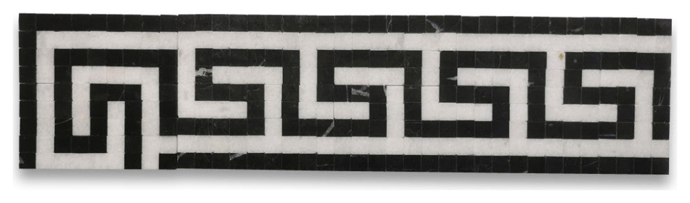 Greek Key Thassos White Nero Marquina Black Marble Mosaic Border Tile, 1 piece