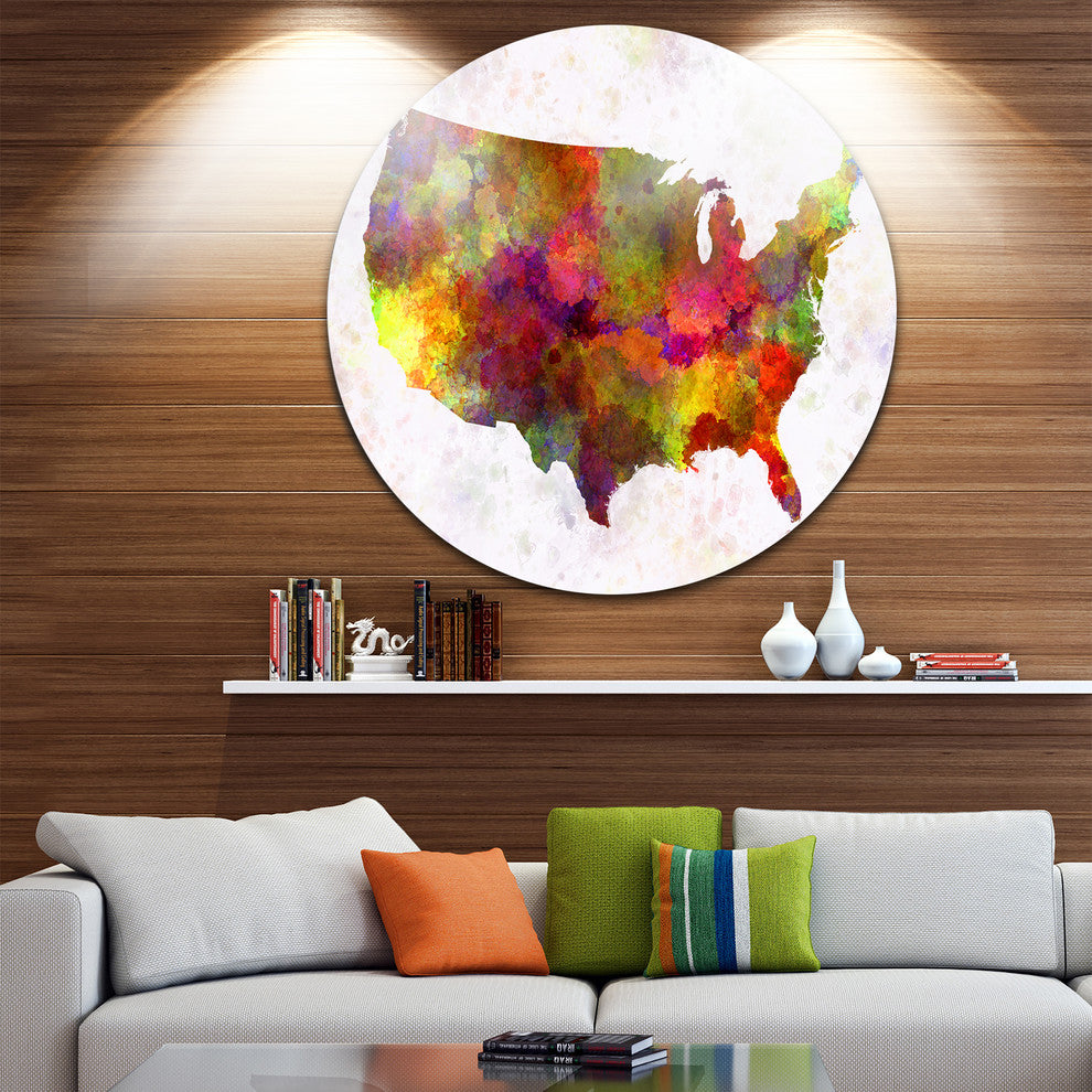 United States Map In Colors, Watercolor Painting Round Wall Art, 23"