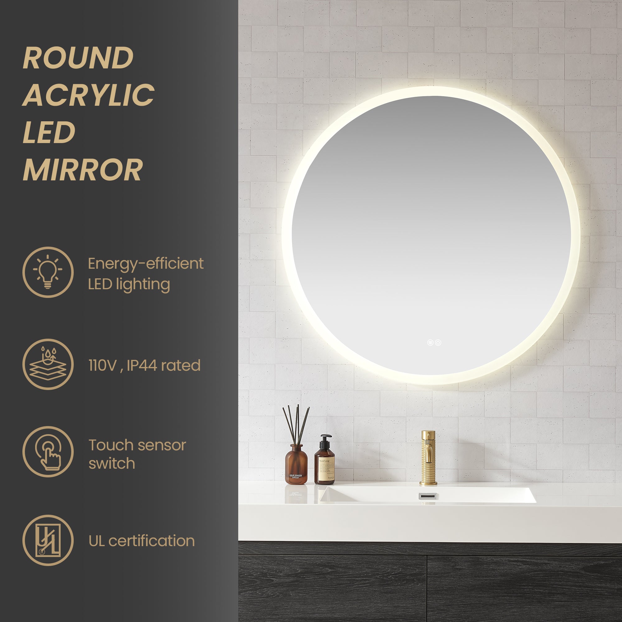 Moscow Circular Frameless LED Wall Bath Vanity Mirror, Acrylic, 36"w X 36"h