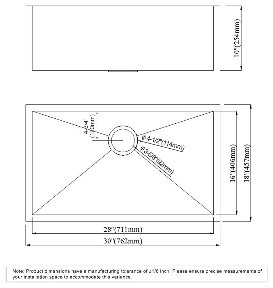 Dowell Undermount Single Bowl Stainless Kitchen Sink - Zero Radius, 28w X 16l X 10d