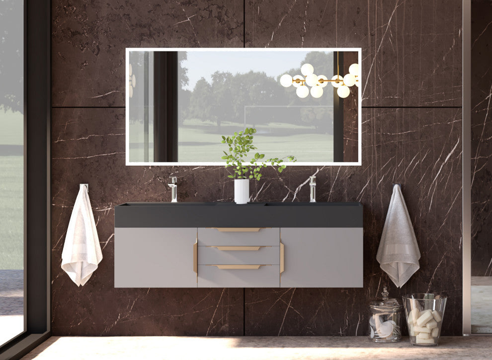 CastelloUSA Amazon 60" Wall Mounted Bathroom Vanity Set, Gray, Black Top, Gold Handles