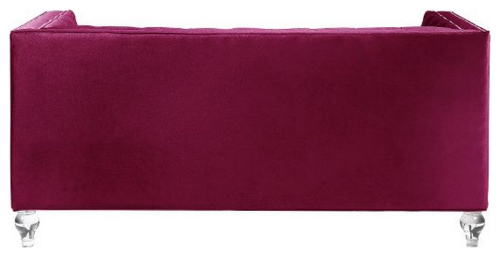 Benzara BM250589 Loveseat With Acrylic Feet and Mirrored Trim, Dark Red