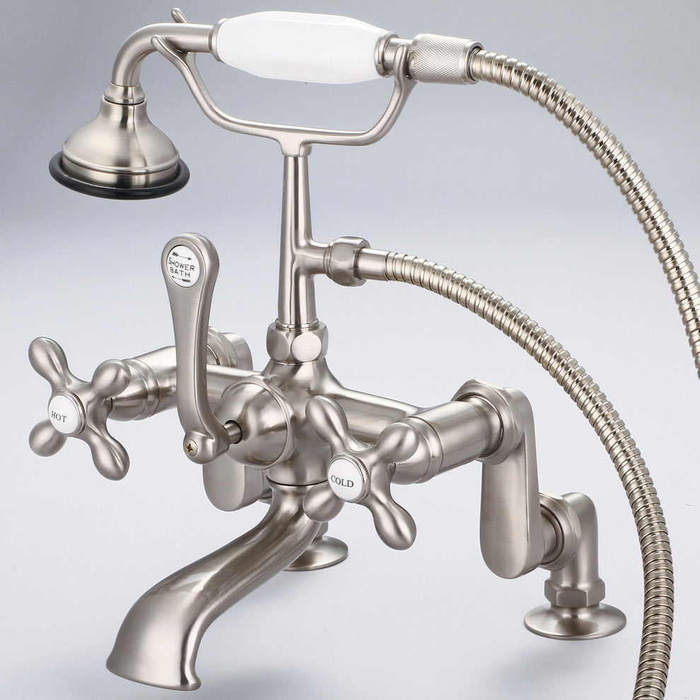 Vintage Adjustable Center Deck Mount Tub Faucet w/Handheld Shower, Cross handles