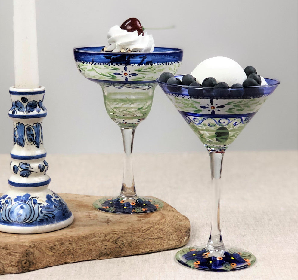 Blue Floral Margarita Glasses, Set of 2
