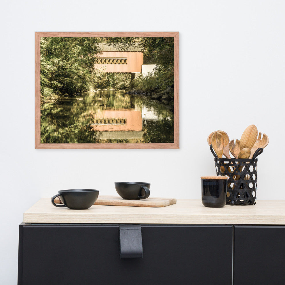 The Reflections of Wooddale Covered Bridge Aged Framed Photo Wall Art Print, Red Oak, 16" X 20"