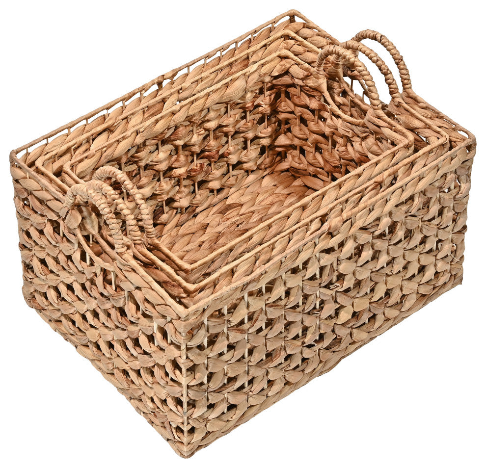 Quinn Cottage Woven Hyacinth Rectangular Storage Baskets With Handles, Set of 3