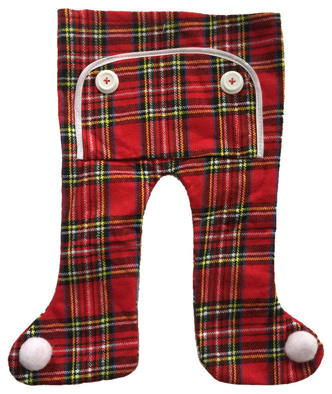 16" Traditional Red Plaid Long John Christmas Stocking with Pom Poms