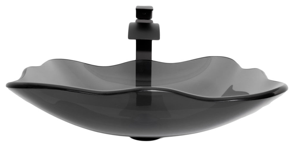 Rettangolare Clear Slate Grey Scalloped Glass Vessel Bath Sink Faucet Drain, Matte Black