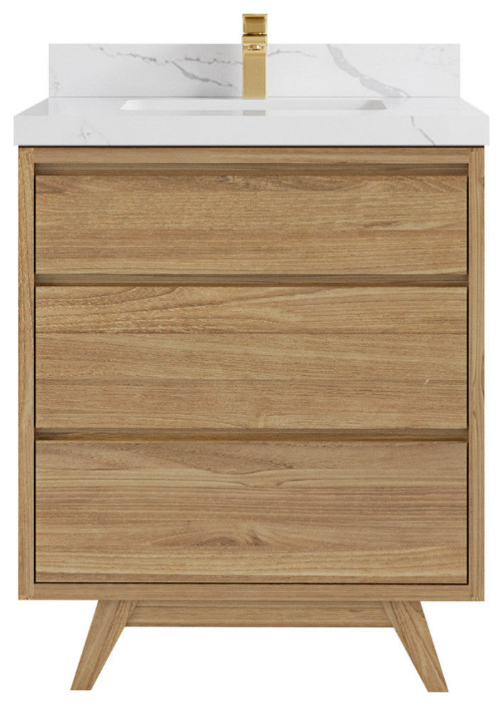 Madison  Teak 30 Single Sink Bath Vanity Golden Teak 2" Calacatta Laza