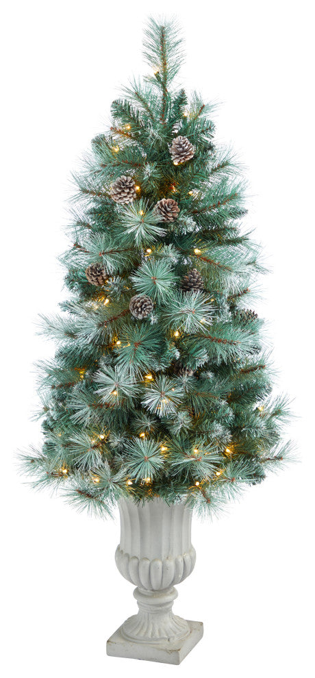 4.5' Frosted British Columbia Mountain Pine Faux Xmas Tree W/Lights, Pinecones