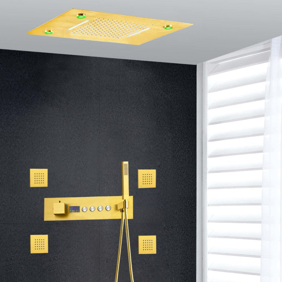 Led Waterfall Rainfall Shower System, Body Jets and Hand Shower, Gold