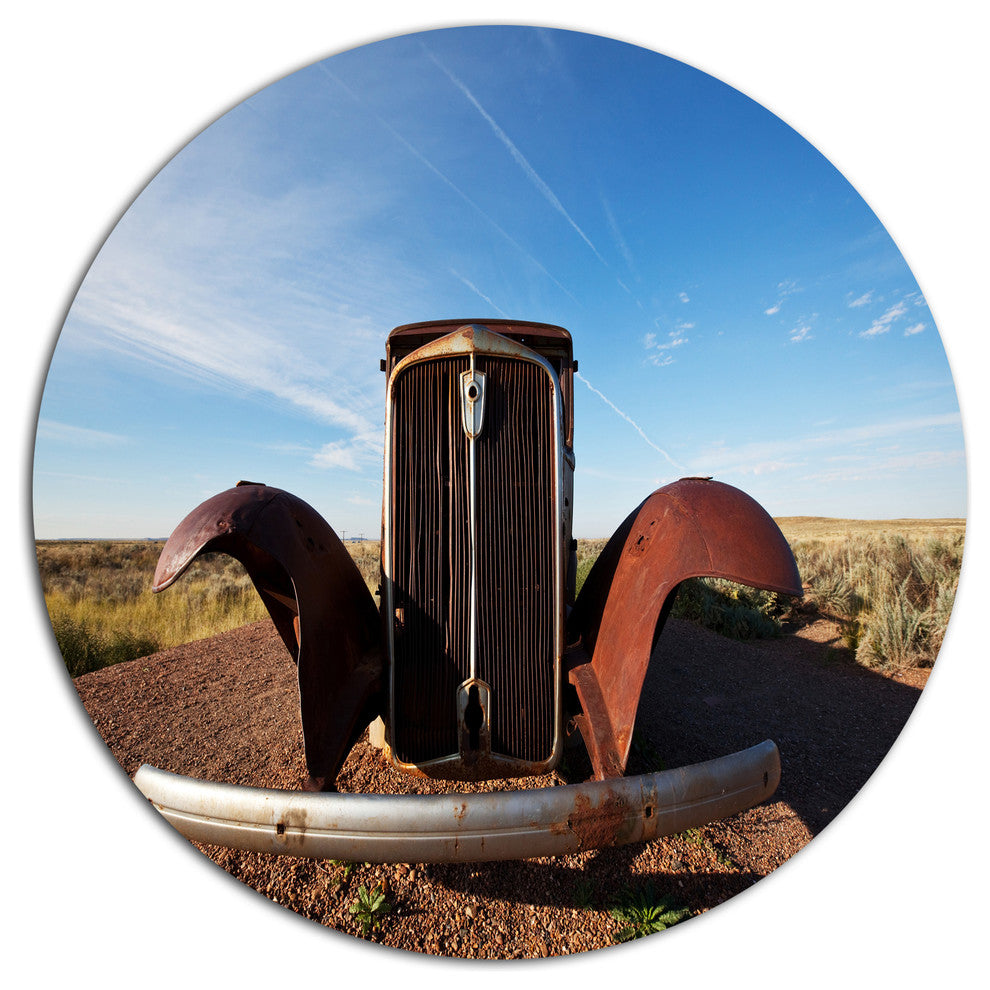 Retro Car Under Calm Blue Sky, Landscape Round Wall Art, 36"