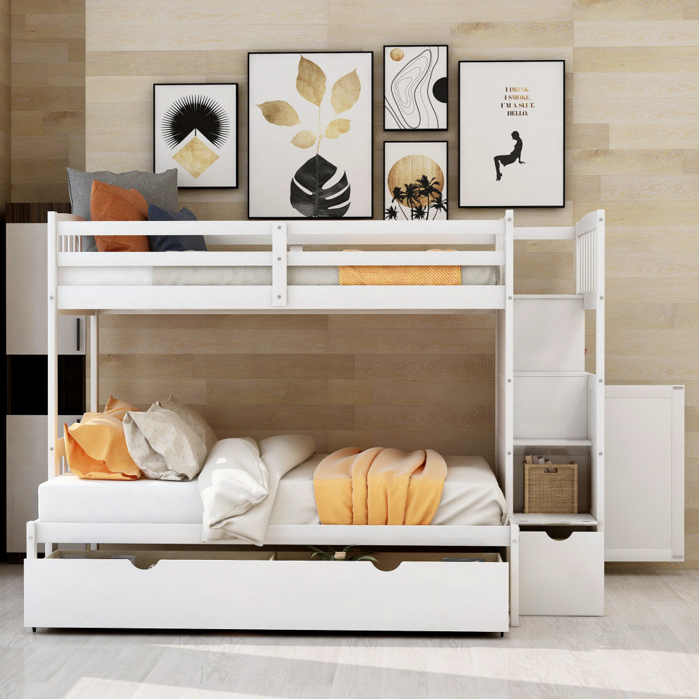 Twin over Full/Twin Bunk Bed, Convertible Bottom Bed, Storage Shelves, White