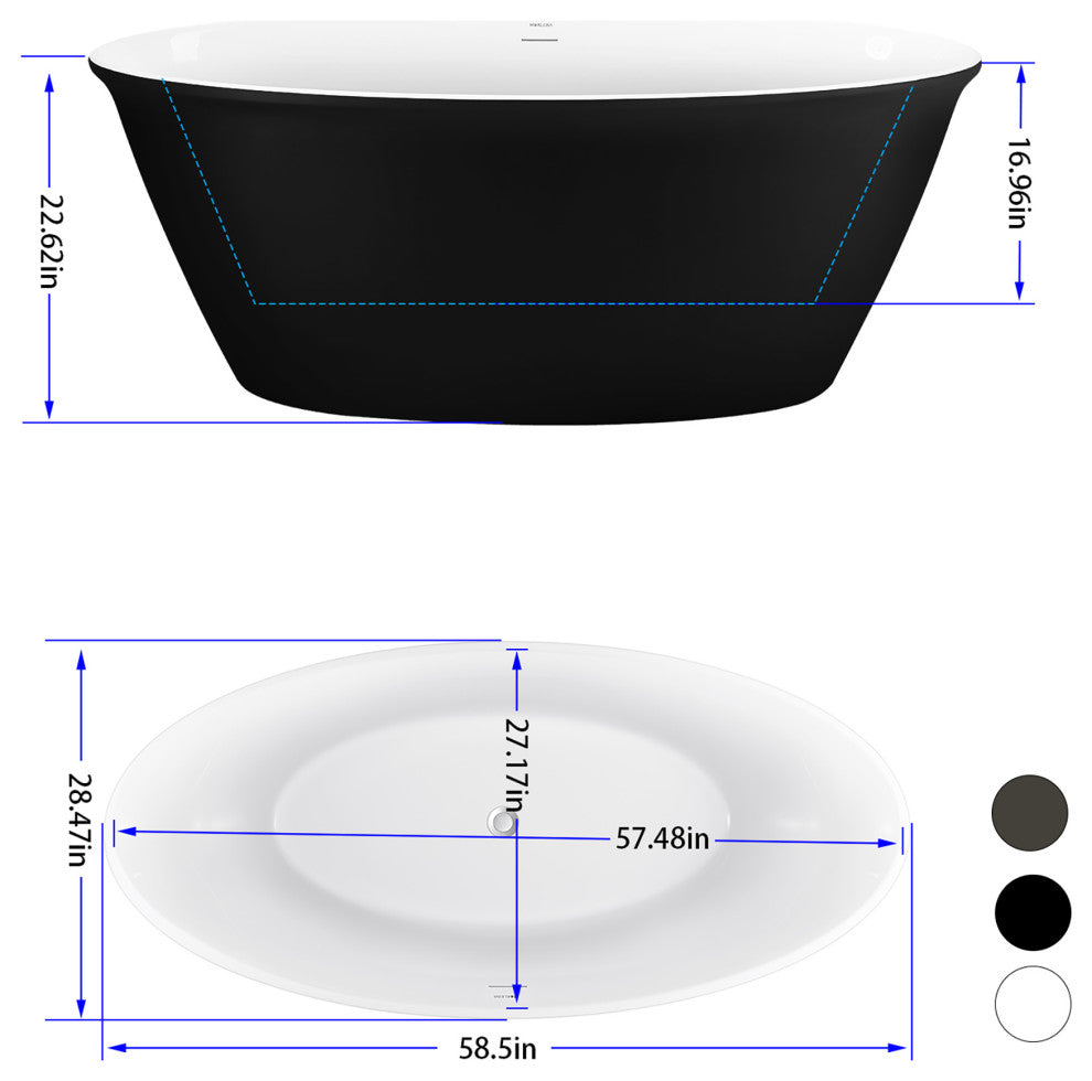 59" Acrylic Freestanding Oval Non-Whirlpool Soaking Bathtub, Black White