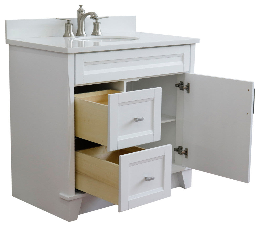 37" Single Sink Vanity, White Finish With White Engineered Stone Top