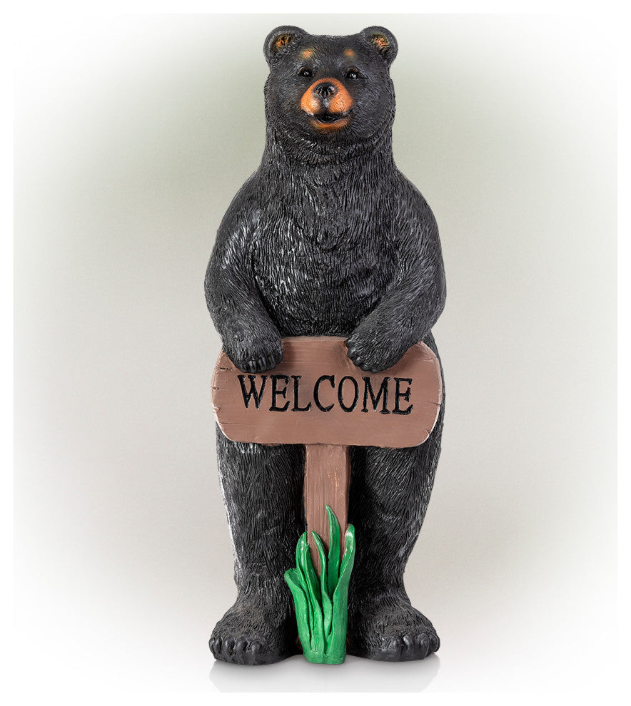 36" Tall Outdoor Standing Black Bear with Welcome Sign Yard Statue Decoration