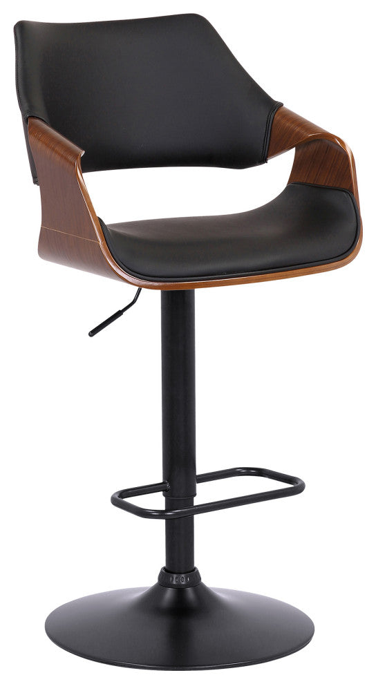 Aspen Adjustable Swivel Faux Leather and Wood Bar Stool With Metal Base, Black, Walnut and Chrome