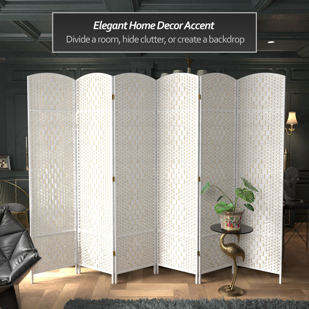 7' Tall Diamond Weave Room Divider, White, 6 Panels