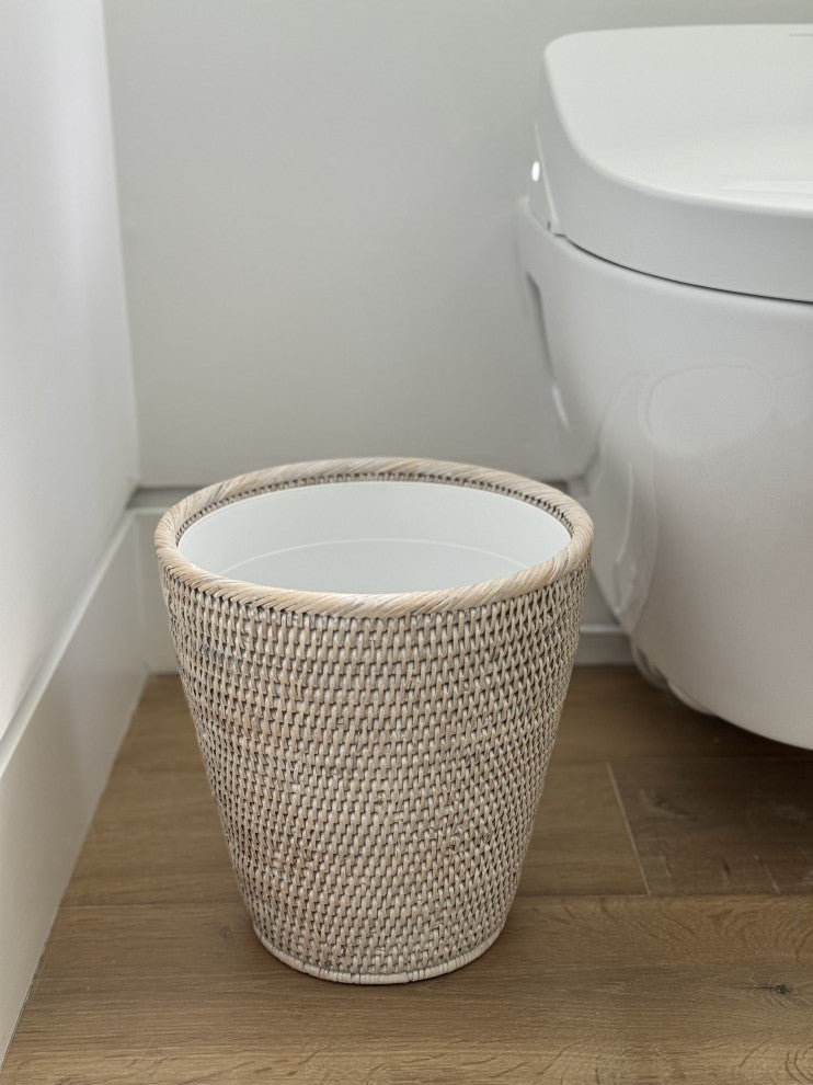 La Jolla Rattan Waste Basket With Plastic Insert, White Wash