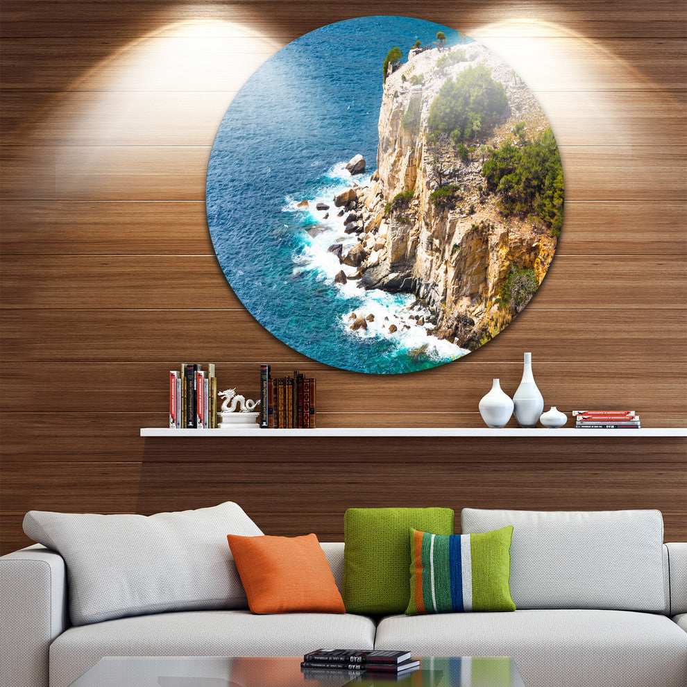 Rocky Cliff Coast Thassos Greece, Seashore Round Metal Wall Art, 36"