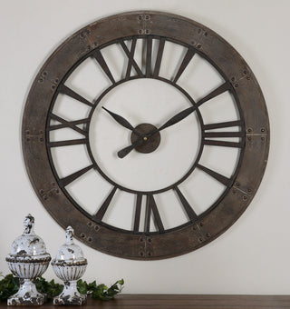 Uttermost Ronan Wood and Metal Wall Clock in Dark Rustic Bronze/Gray