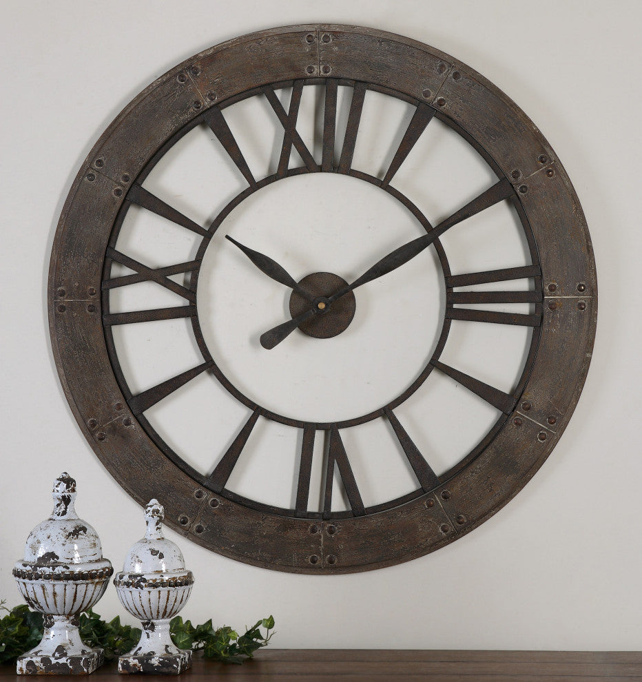 Uttermost Ronan Wood and Metal Wall Clock in Dark Rustic Bronze/Gray