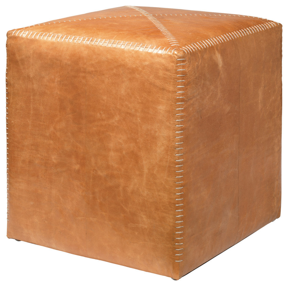 Buff Leather Ottoman, Small