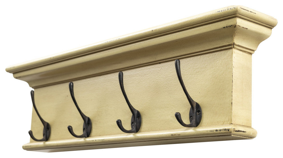 Rustic Antiqued Yellow Wood Four Hook Hanging Coat Rack