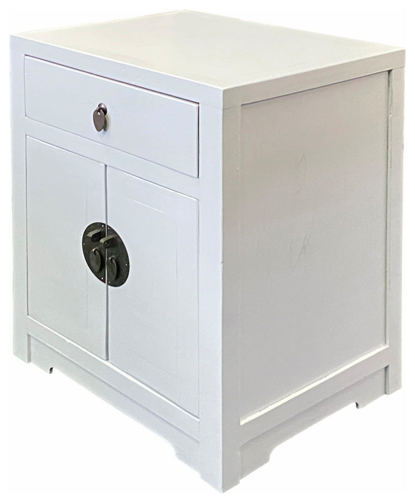 Distressed White Lacquer MoonFace End Table Nightstand Cabinet Hcs7039