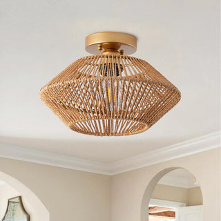Farmhouse Brown Paper Rope Hand-Woven Semi Flush Mount Ceiling Light