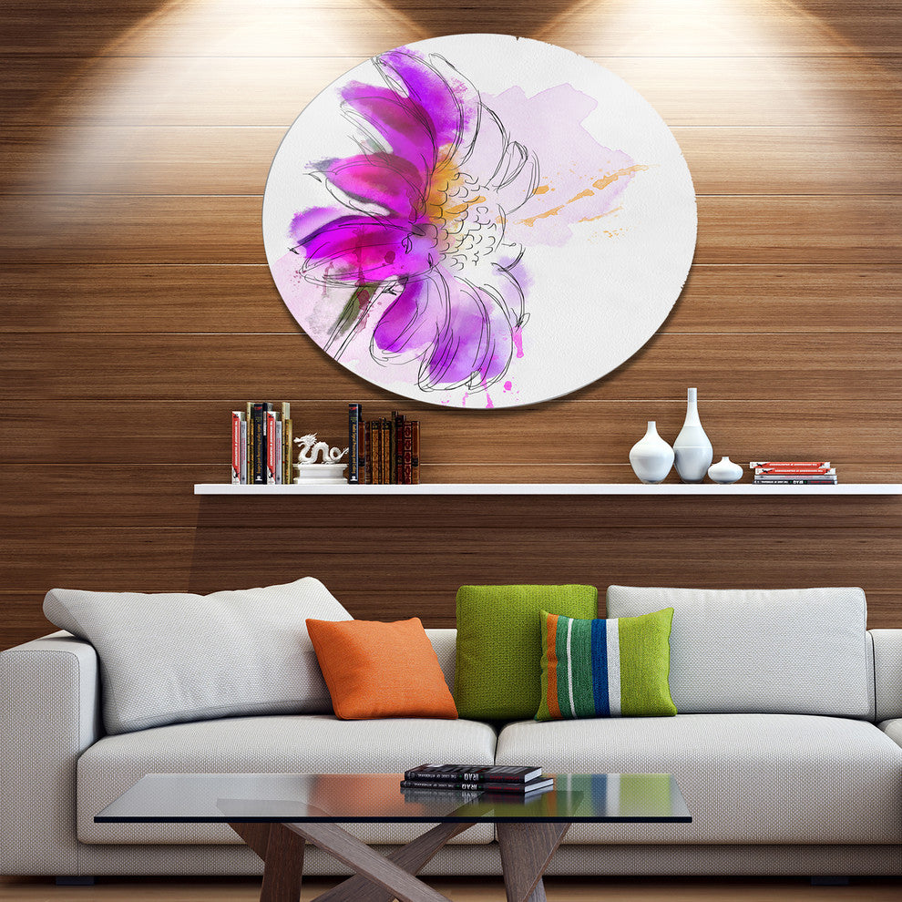 Purple Watercolor Gerbera Illustration, Floral Round Metal Artwork, 23"