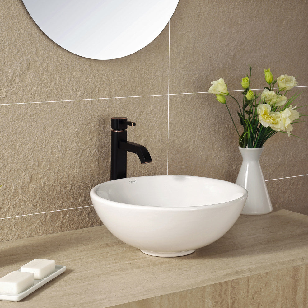 Elavo Ceramic Round Vessel White Sink, PU Drain Oil Rubbed Bronze