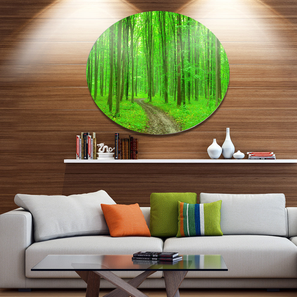Pathway In Bright Green Forest, Forest Disc Metal Wall Art, 23"