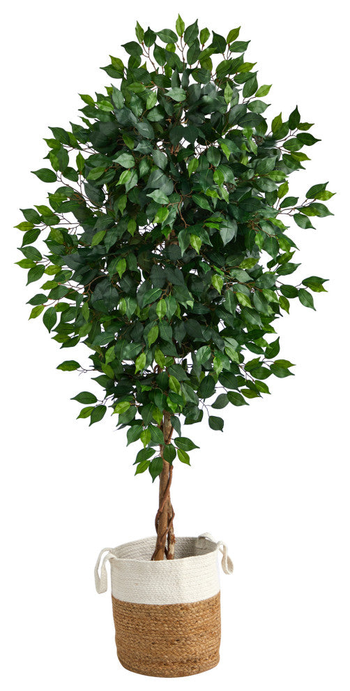 6' Ficus Faux Tree With Natural Trunk, Handmade Natural Jute and Cotton Planter