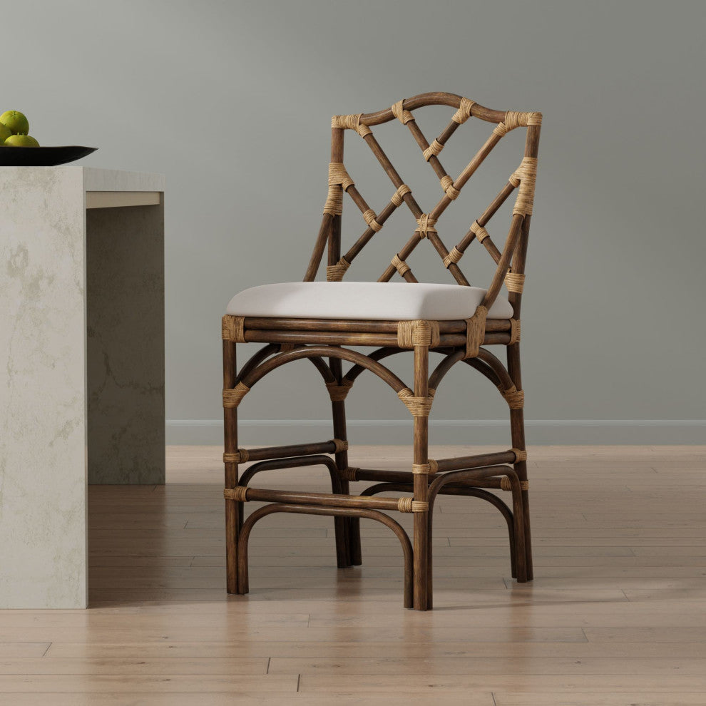 Chippendale Rattan Counter Stool, Antique Brown and Off-White Upholstery
