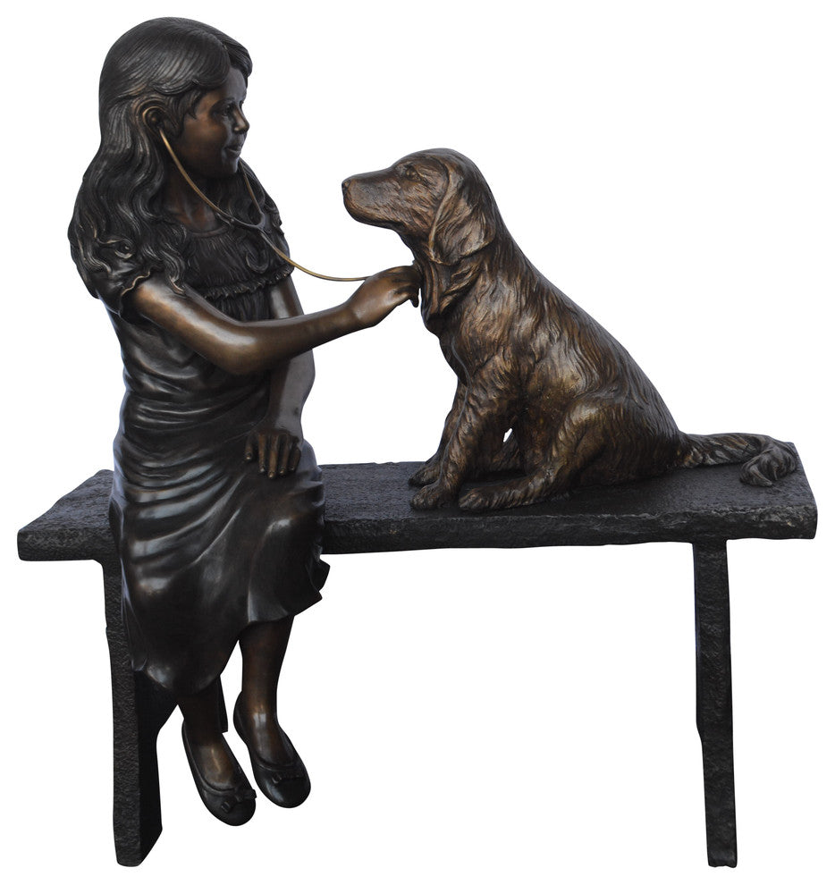 Girl plays Doctor on a Bench W Dog Bronze Statue -  Size: 38"L x 18"W x 39"H.