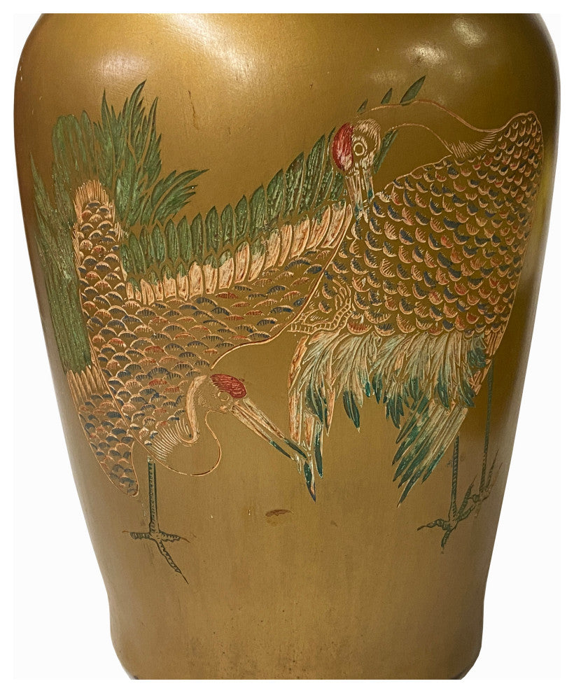 Vintage Handmade Chinese Matte Gold Paint Cranes Motif Vase Hws1847