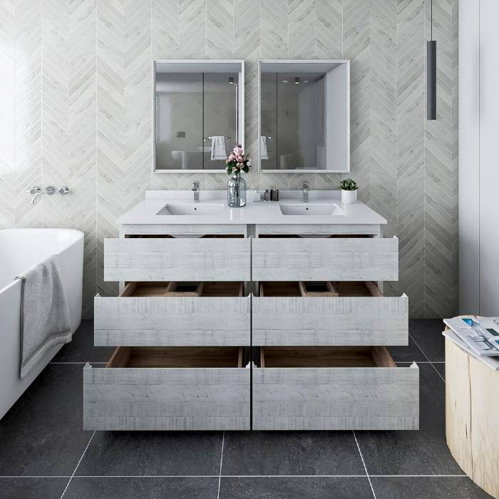 Fresca Formosa Modern 60" Rustic White Double Sink Vanity Set, Faucet Fft9151ch