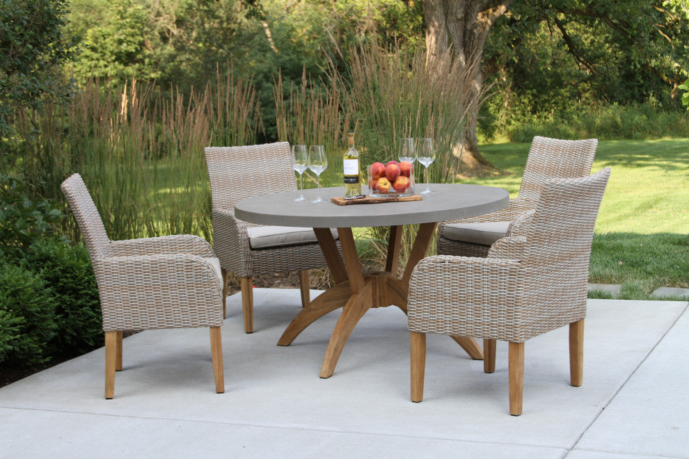 5-Piece Nautical Teak, Ash Gray Wicker Round Dining Set, Sunbrella