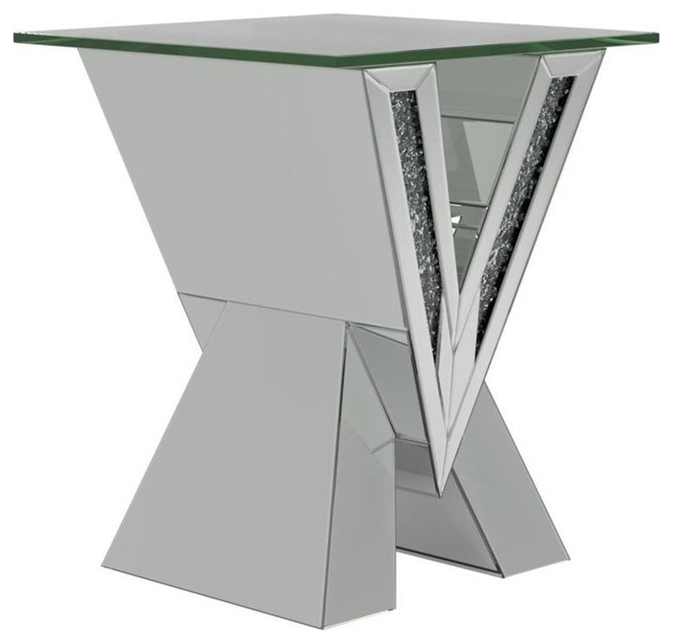 Coaster Taffeta Contemporary V-shaped End Table with Glass Top Silver