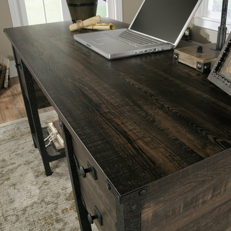 Industrial Desk, Double Pedestal Design With Drawers & Open Shelves, Carbon Oak