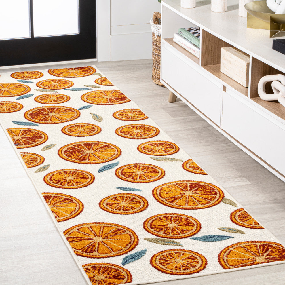 Aranciata Citrus Slice High-Low Indoor/Outdoor Area Rug, Orange/Cream, 2 X 8