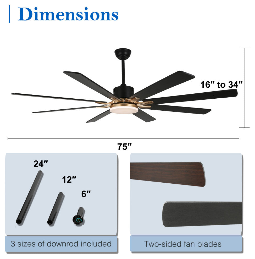 Large 72" Modern 8 Wood Blades Ceiling Fan w Dimmable LED Light Kit , Black