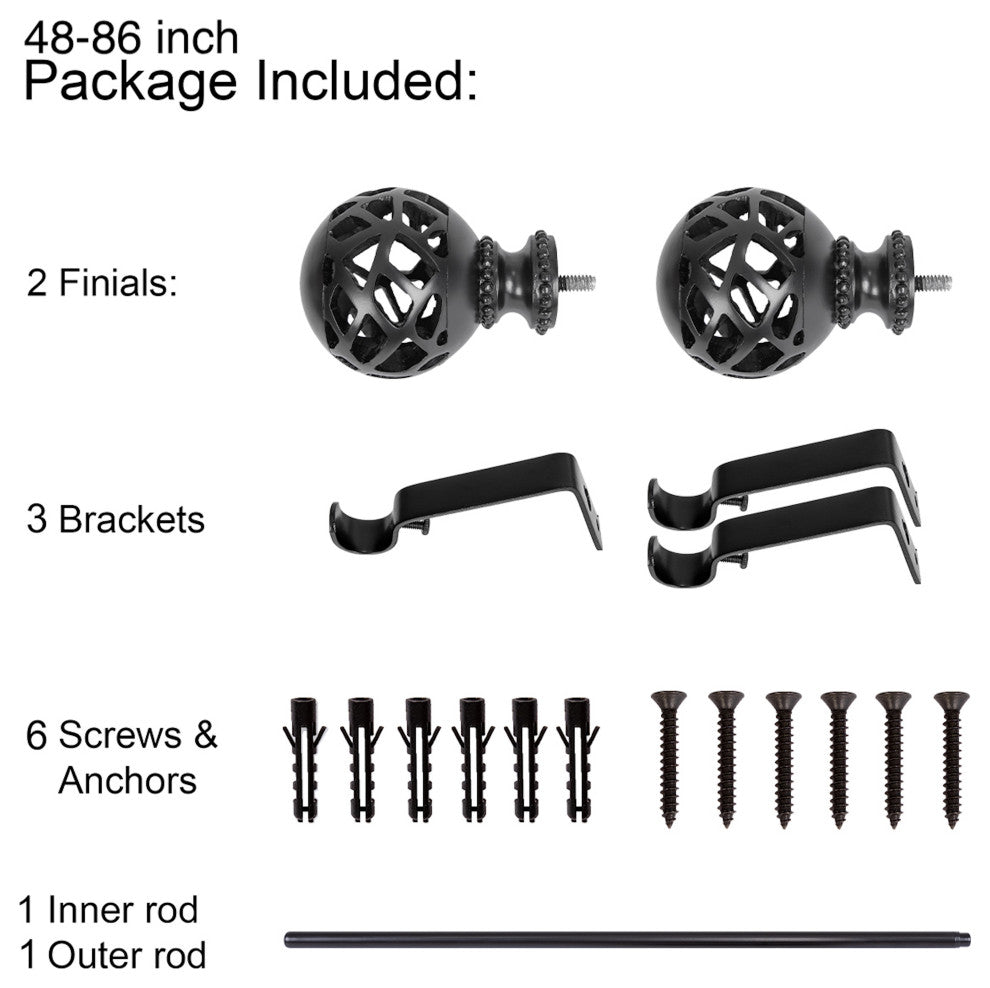 UTOPIA ALLEY 3/4" Single Adjustable Curtain rods for Windows, Black, 48"-86"