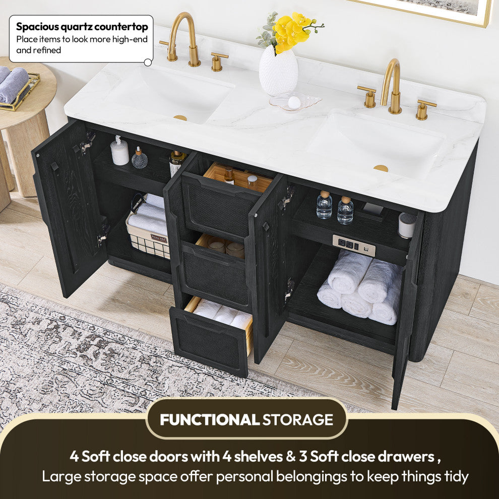 Busan Bath Vanity, Quartz Top No Mirror, Oak Classic Black, 60", Double Vanity