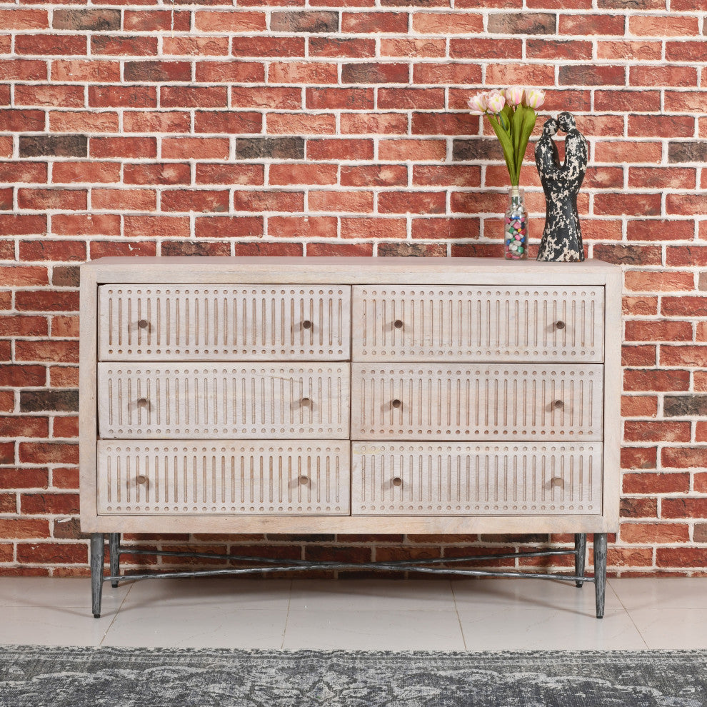 Sarah 6 Drawer Chest, Mango Solid Wood Brushed Ivory Finish on Iron Base
